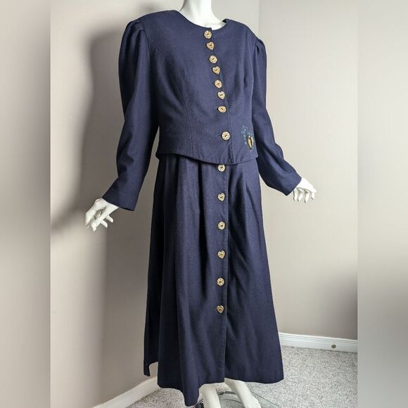 Berwin & Wolff Navy Wool Jacket & Pleated Skirt Set, Heart Buttons, Sz Approx L - Picture 1 of 14